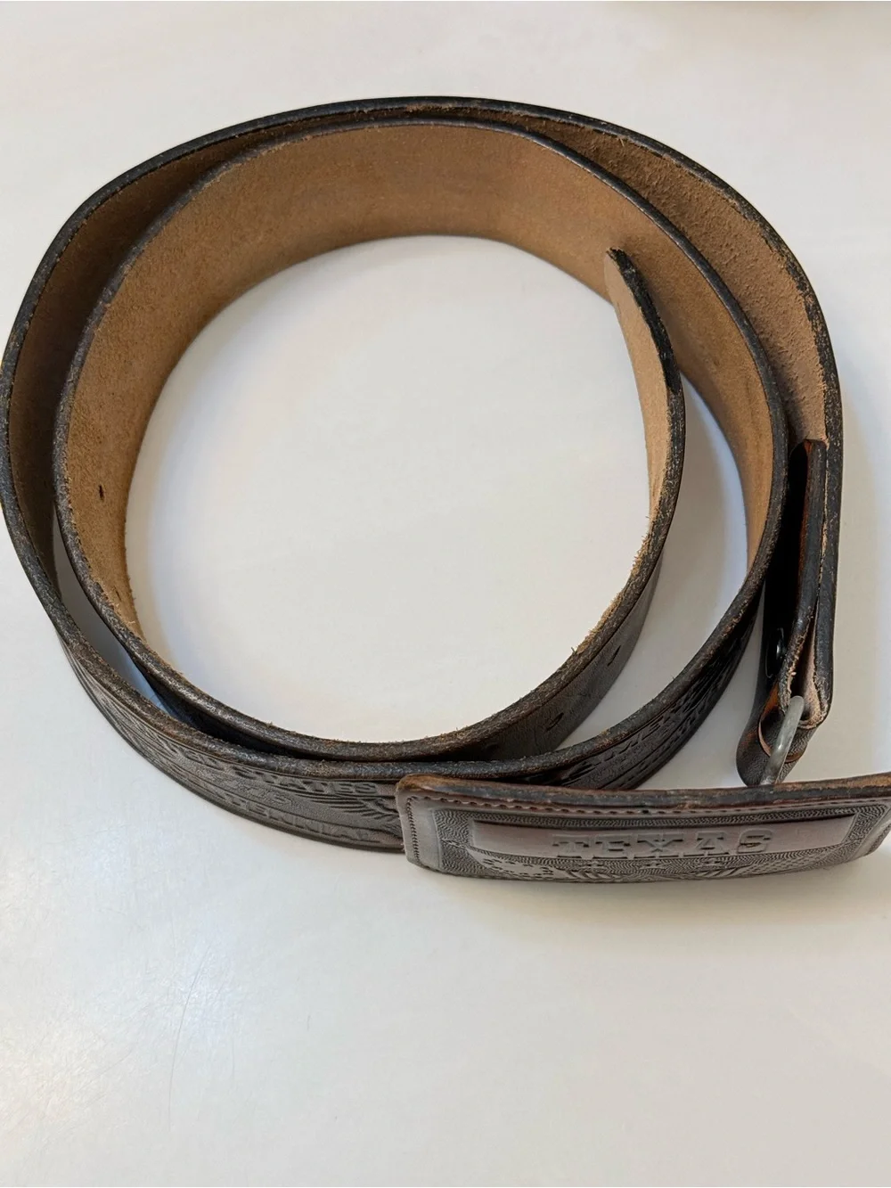 Vintage Texas Bicentennial Brown Leather Western Belt w/ Embossed Buckle C-400